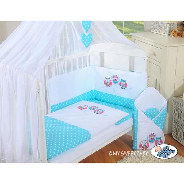 Babybettwäsche Set 5-tlg mit Moskitonetz - Eulen Bigi Zibi & Adele türkis