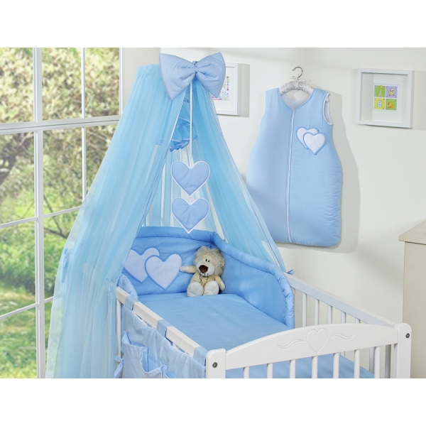 Babybettwäsche-Set Blau 5-tlg mit Moskitonetz - Hängende Herzen