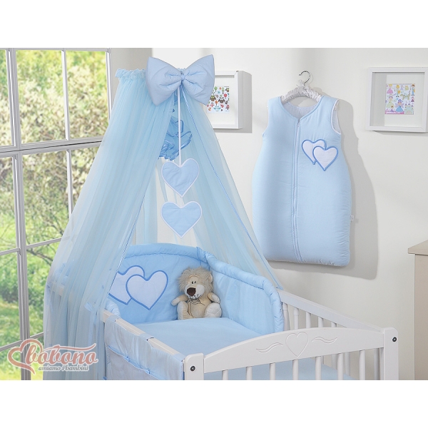 Babybettwäsche-Set Blau 5-tlg mit Moskitonetz - Hängende Herzen