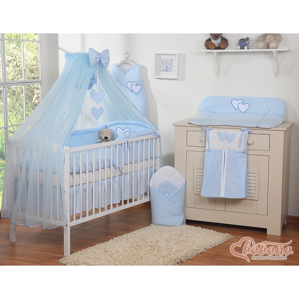 Babybettwäsche-Set Blau 5-tlg mit Moskitonetz - Hängende Herzen