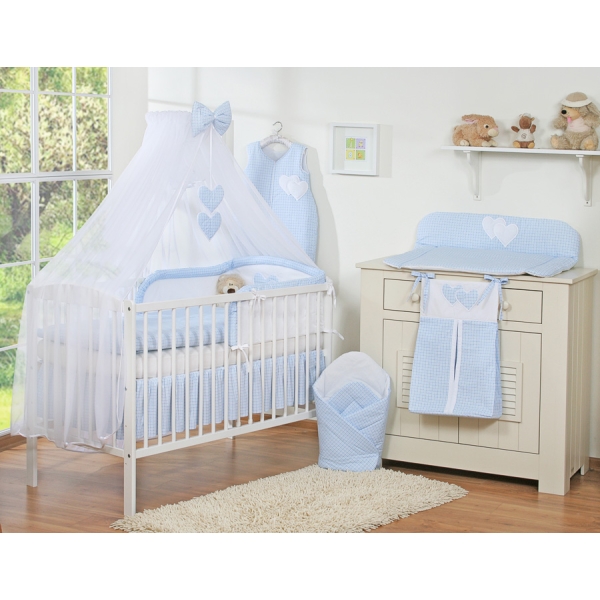 Babybettwäsche-Set 5-tlg mit Moskitonetz - Hängende Herzen blau kariert