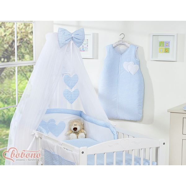 Babybettwäsche-Set 5-tlg mit Moskitonetz - Hängende Herzen blau kariert