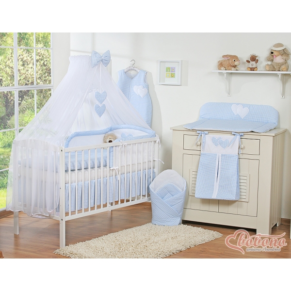 Babybettwäsche-Set 5-tlg mit Moskitonetz - Hängende Herzen blau kariert