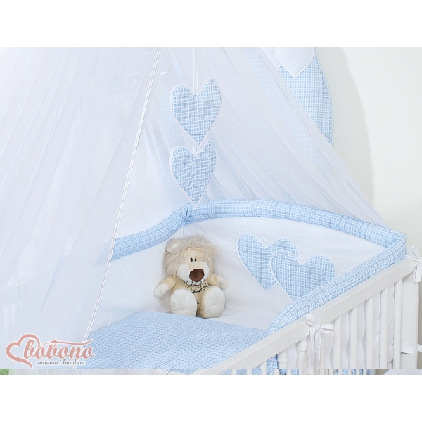 Babybettwäsche-Set 5-tlg mit Moskitonetz - Hängende Herzen blau kariert
