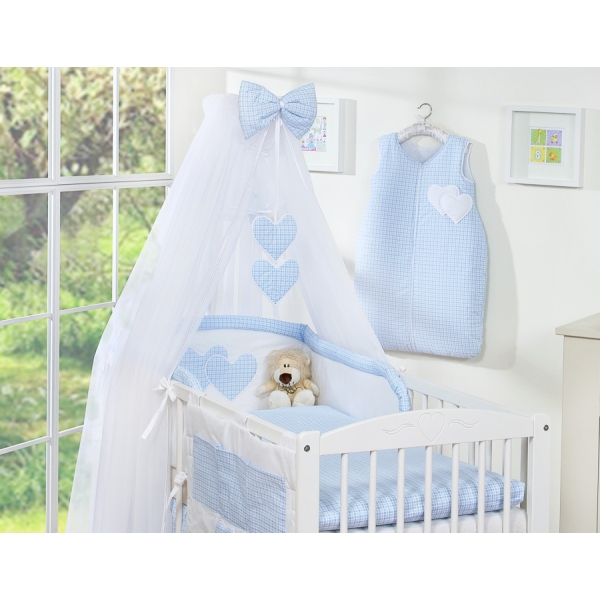 Babybettwäsche-Set 5-tlg mit Moskitonetz - Hängende Herzen blau kariert