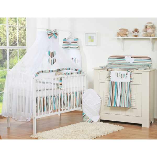 Babybettwäsche-Set 5-tlg mit Moskitonetz - Hängende Herzen braun gestreift