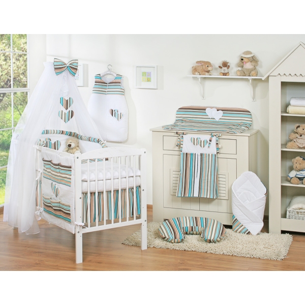 Babybettwäsche-Set 5-tlg mit Moskitonetz - Hängende Herzen braun gestreift