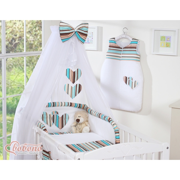 Babybettwäsche-Set 5-tlg mit Moskitonetz - Hängende Herzen braun gestreift