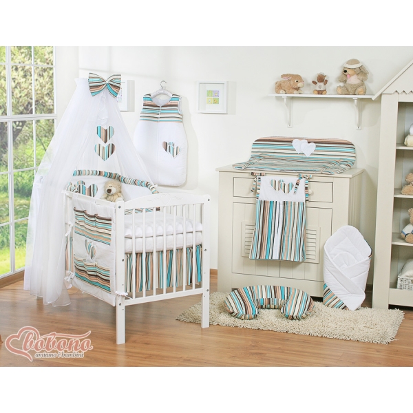 Babybettwäsche-Set 5-tlg mit Moskitonetz - Hängende Herzen braun gestreift