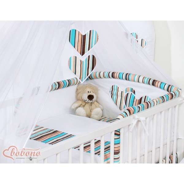 Babybettwäsche-Set 5-tlg mit Moskitonetz - Hängende Herzen braun gestreift