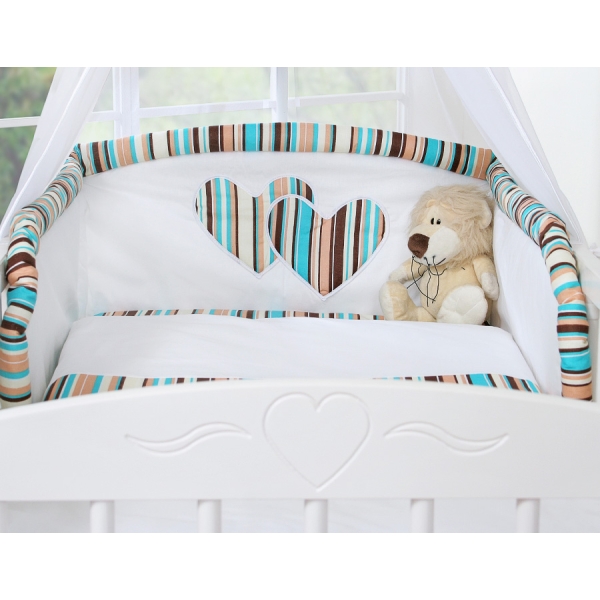 Babybettwäsche-Set 5-tlg mit Moskitonetz - Hängende Herzen braun gestreift