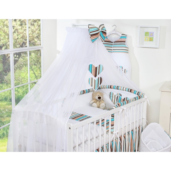 Babybettwäsche-Set 5-tlg mit Moskitonetz - Hängende Herzen braun gestreift