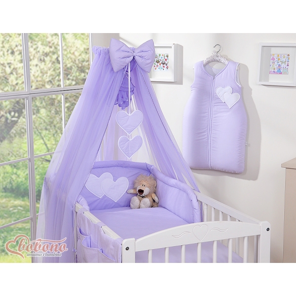 Babybettwäsche-Set 5-tlg mit Moskitonetz 90x120 - Hängende Herzen lila