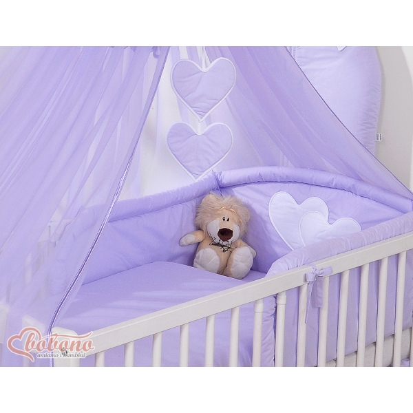 Babybettwäsche-Set 5-tlg mit Moskitonetz 90x120 - Hängende Herzen lila