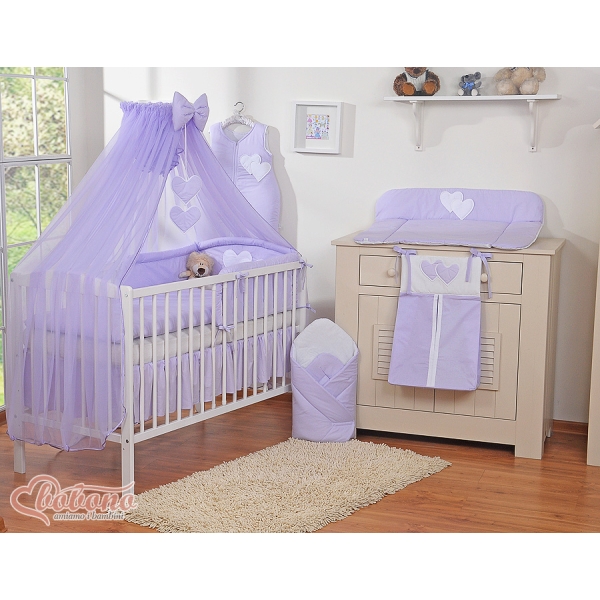 Babybettwäsche-Set 5-tlg mit Moskitonetz 90x120 - Hängende Herzen lila