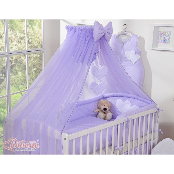 Babybettwäsche-Set 5-tlg mit Moskitonetz 90x120 - Hängende Herzen lila