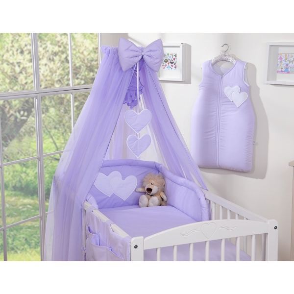 Babybettwäsche-Set 5-tlg mit Moskitonetz 90x120 - Hängende Herzen lila