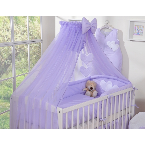 Babybettwäsche-Set 5-tlg mit Moskitonetz 90x120 - Hängende Herzen lila