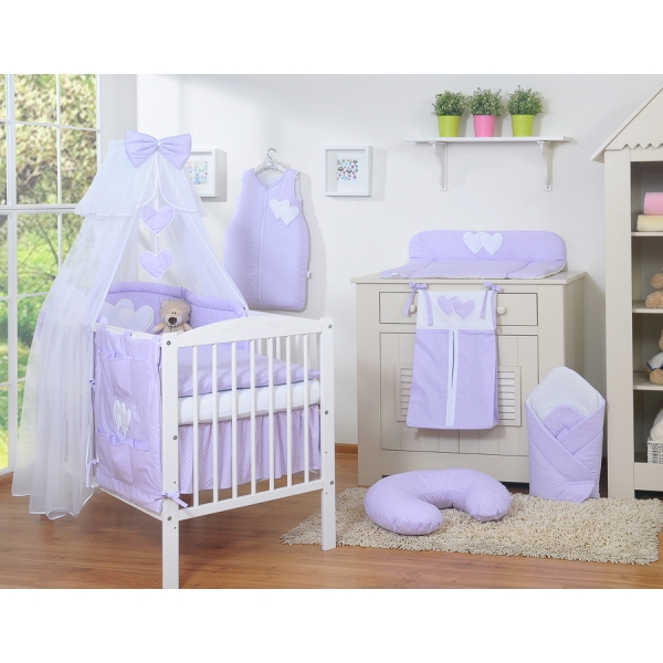 Babybettwäsche-Set 5-tlg mit Moskitonetz - Hängende Herzen Lila-Punkmuster