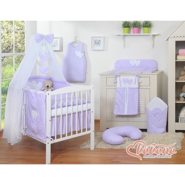 Babybettwäsche-Set 5-tlg mit Moskitonetz - Hängende Herzen Lila-Punkmuster
