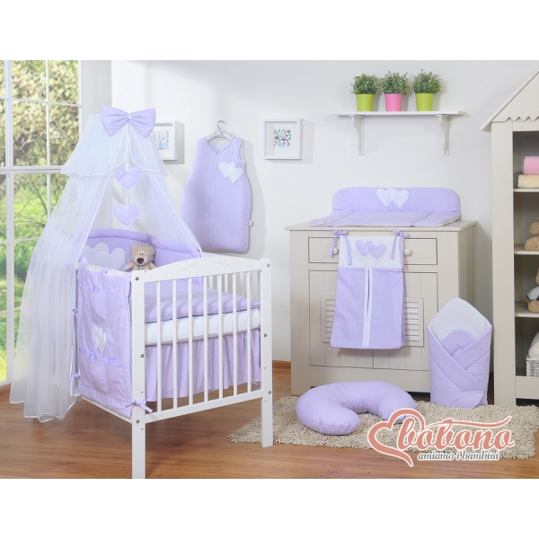 Babybettwäsche-Set 5-tlg mit Moskitonetz - Hängende Herzen Lila-Punkmuster