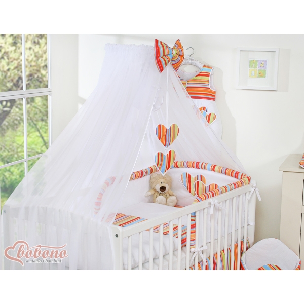 Babybettwäsche Set 5-tlg mit Moskitonetz - Hängende Herzen orange gestreift