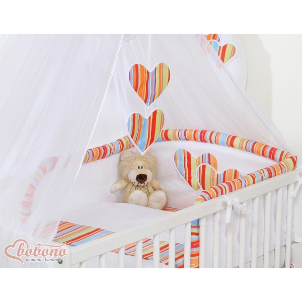 Babybettwäsche Set 5-tlg mit Moskitonetz - Hängende Herzen orange gestreift