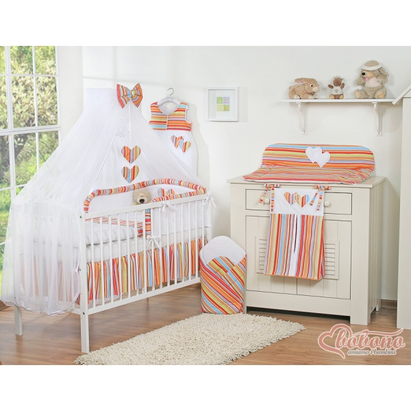 Babybettwäsche Set 5-tlg mit Moskitonetz - Hängende Herzen orange gestreift