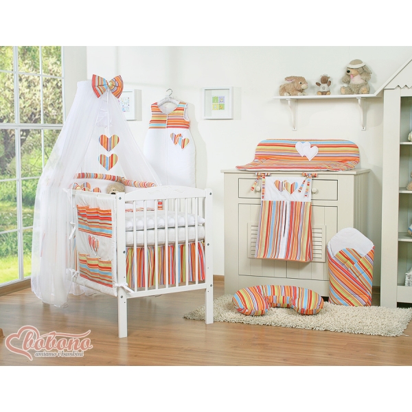 Babybettwäsche Set 5-tlg mit Moskitonetz - Hängende Herzen orange gestreift