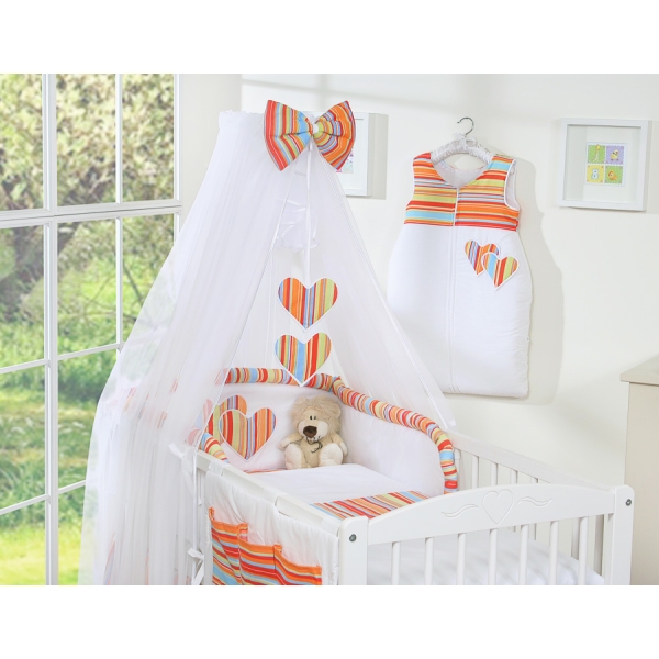 Babybettwäsche Set 5-tlg mit Moskitonetz - Hängende Herzen orange gestreift