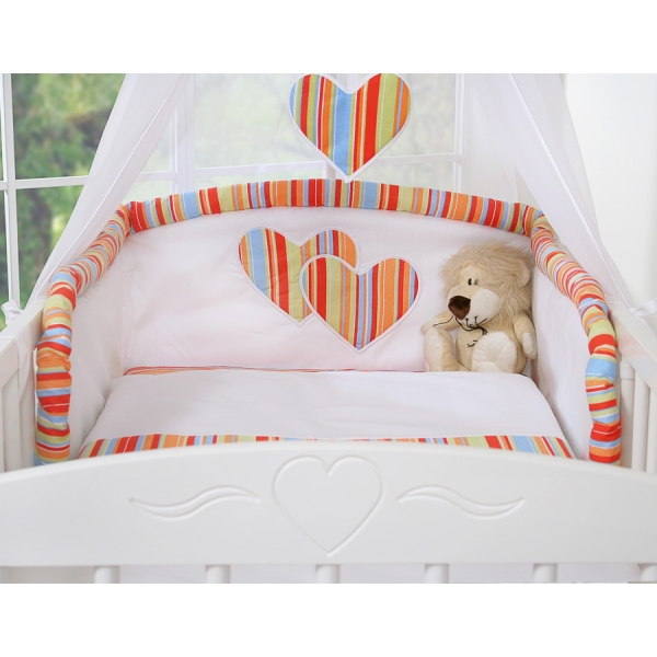 Babybettwäsche Set 5-tlg mit Moskitonetz - Hängende Herzen orange gestreift