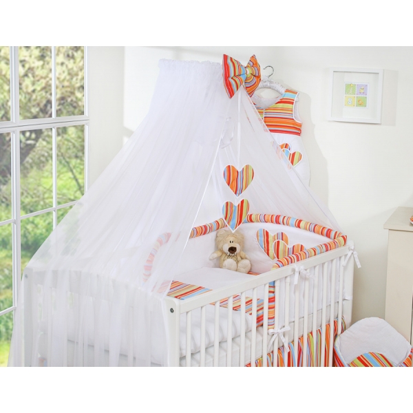 Babybettwäsche Set 5-tlg mit Moskitonetz - Hängende Herzen orange gestreift