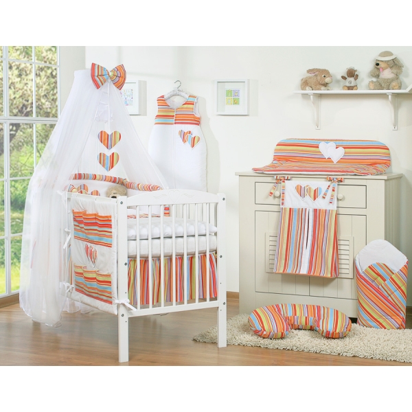 Babybettwäsche Set 5-tlg mit Moskitonetz - Hängende Herzen orange gestreift
