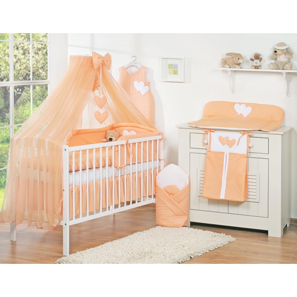 Babybettwäsche-Set 5-tlg mit Moskitonetz - Hängende Herzen pfirsich