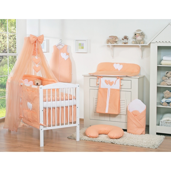 Babybettwäsche-Set 5-tlg mit Moskitonetz - Hängende Herzen pfirsich