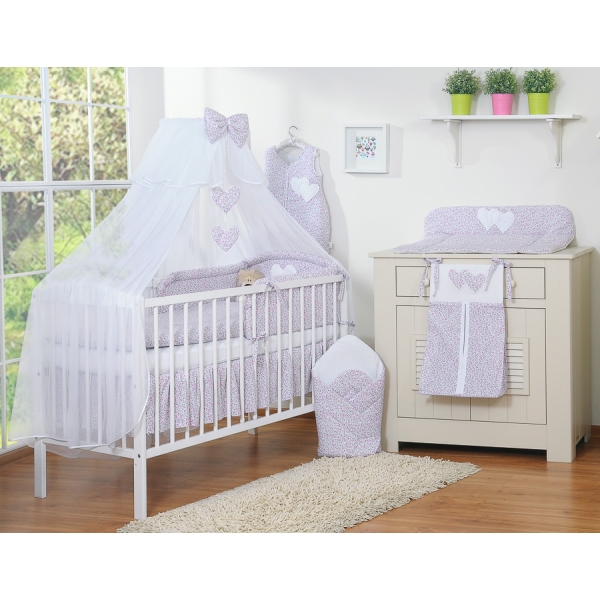 Babybettwäsche-Set 5-tlg mit Moskitonetz - Hängende Herzen rosa Blümchen