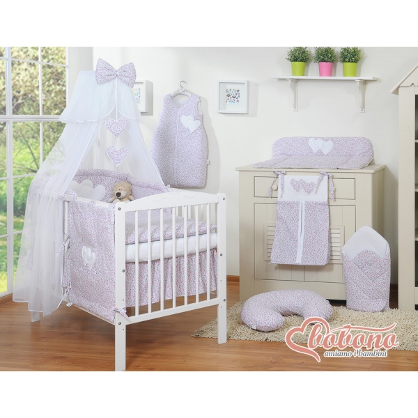 Babybettwäsche-Set 5-tlg mit Moskitonetz - Hängende Herzen rosa Blümchen