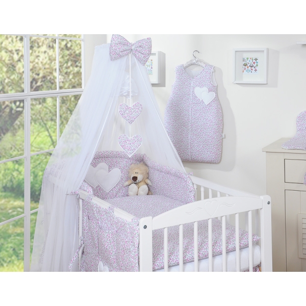 Babybettwäsche-Set 5-tlg mit Moskitonetz - Hängende Herzen rosa Blümchen
