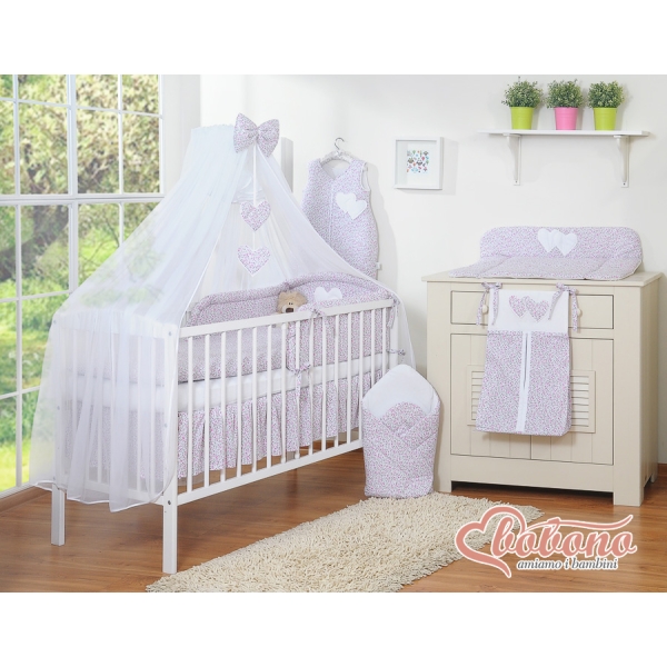 Babybettwäsche-Set 5-tlg mit Moskitonetz - Hängende Herzen rosa Blümchen