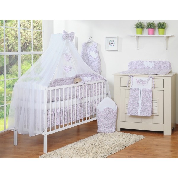 Babybettwäsche-Set 5-tlg mit Moskitonetz - Hängende Herzen rosa Blümchen