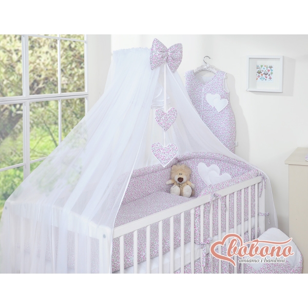 Babybettwäsche-Set 5-tlg mit Moskitonetz - Hängende Herzen rosa Blümchen