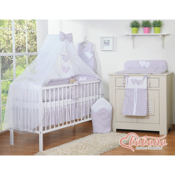 Babybettwäsche-Set 5-tlg mit Moskitonetz - Hängende Herzen rosa Blümchen