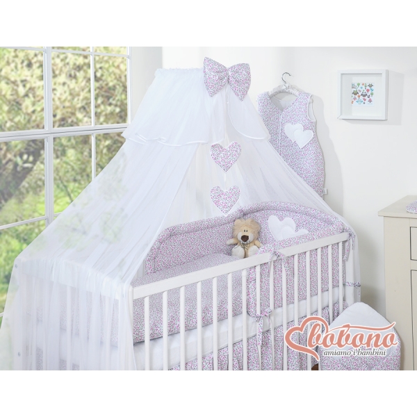 Babybettwäsche-Set 5-tlg mit Moskitonetz - Hängende Herzen rosa Blümchen