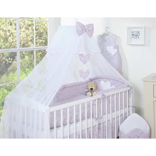Babybettwäsche-Set 5-tlg mit Moskitonetz - Hängende Herzen rosa Blümchen