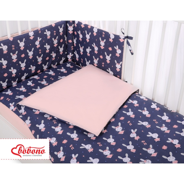 Babybettwäsche Set 5-tlg mit Moskitonetz - Hasen dunkelblau