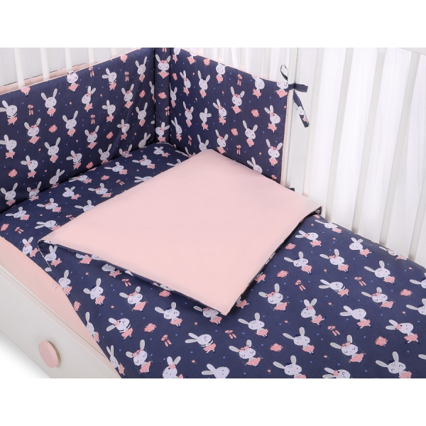 Babybettwäsche Set 5-tlg mit Moskitonetz - Hasen dunkelblau