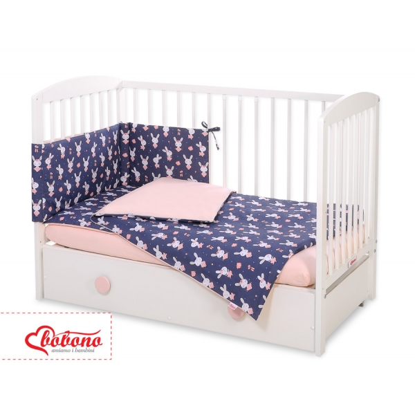 Babybettwäsche Set 5-tlg mit Moskitonetz - Hasen dunkelblau