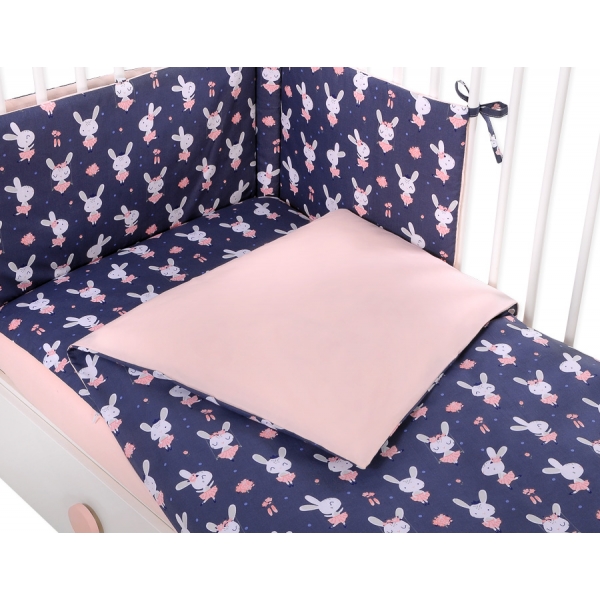 Babybettwäsche Set 5-tlg mit Moskitonetz - Hasen dunkelblau