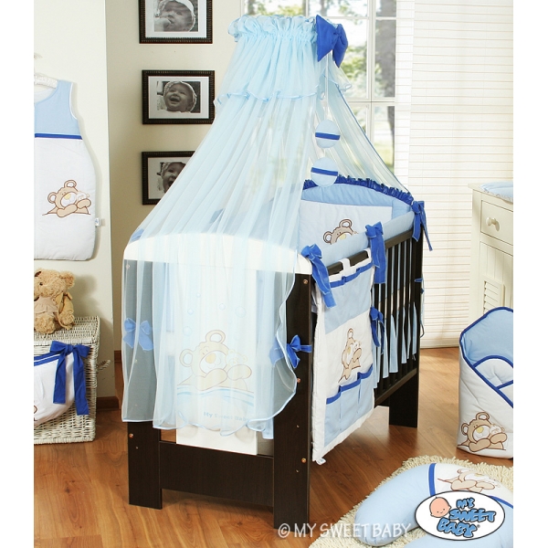 Babybettwäsche Set 5-tlg mit Moskitonetz (L60) - Teddy Bär Barnaba blau