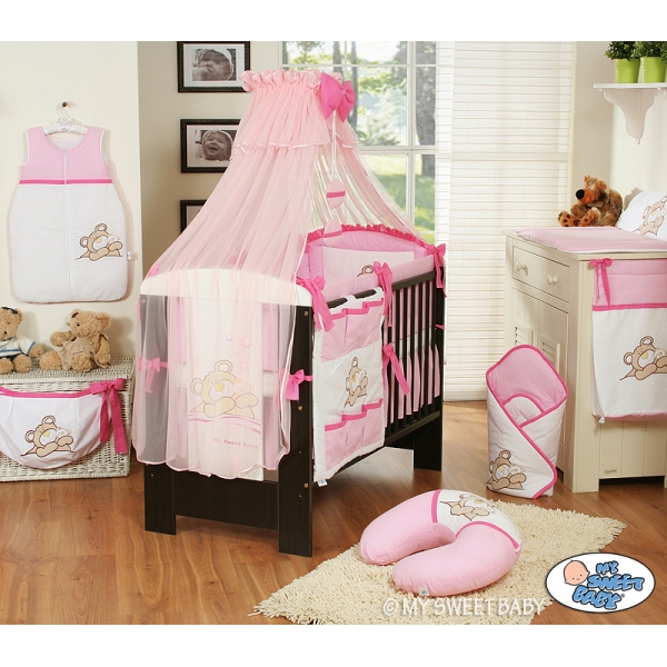 Babybettwäsche Set 5-tlg mit Moskitonetz (L60) - Teddy Bär Barnaba rosa
